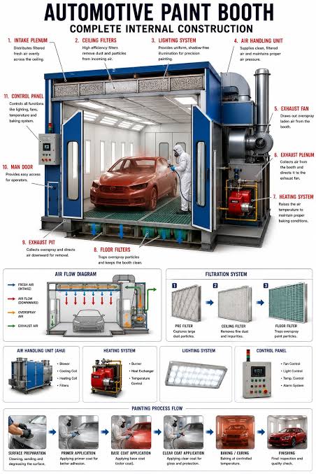 A controlled spray booth setup ensures clean dust free paint curing